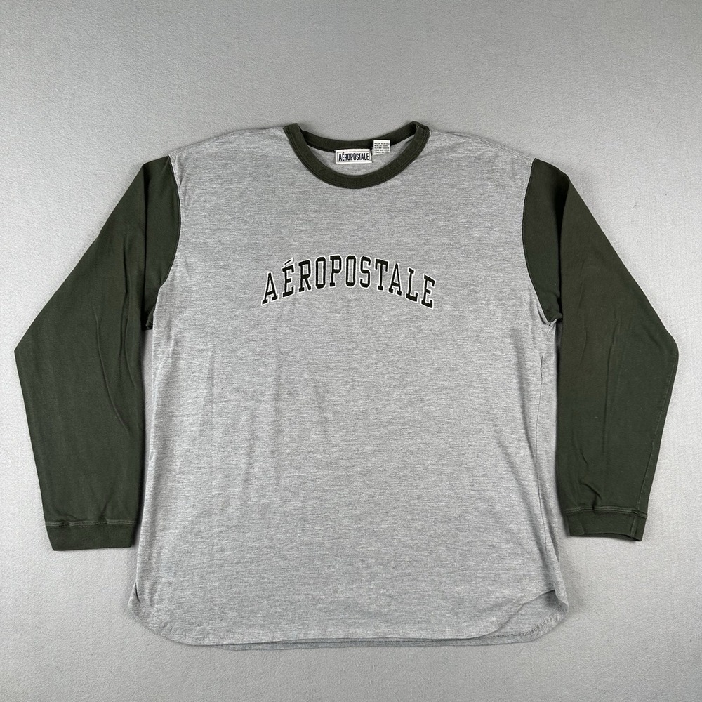 Vintage 90s Aeropostale Long Sleeve Shirt Men's Large Green Gray Spellout Logo